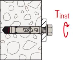 Ein Bolzen liegt in einer Wandverankerung. Rechts daneben ein roter Pfeil in Kreisform mit der Aufschrift 'Tinst'.