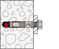 Eine Schraube befestigt mit einem Dübel in einer Steinmauer, Seitenansicht. Die Installation zeigt stabile Verankerung im Material.