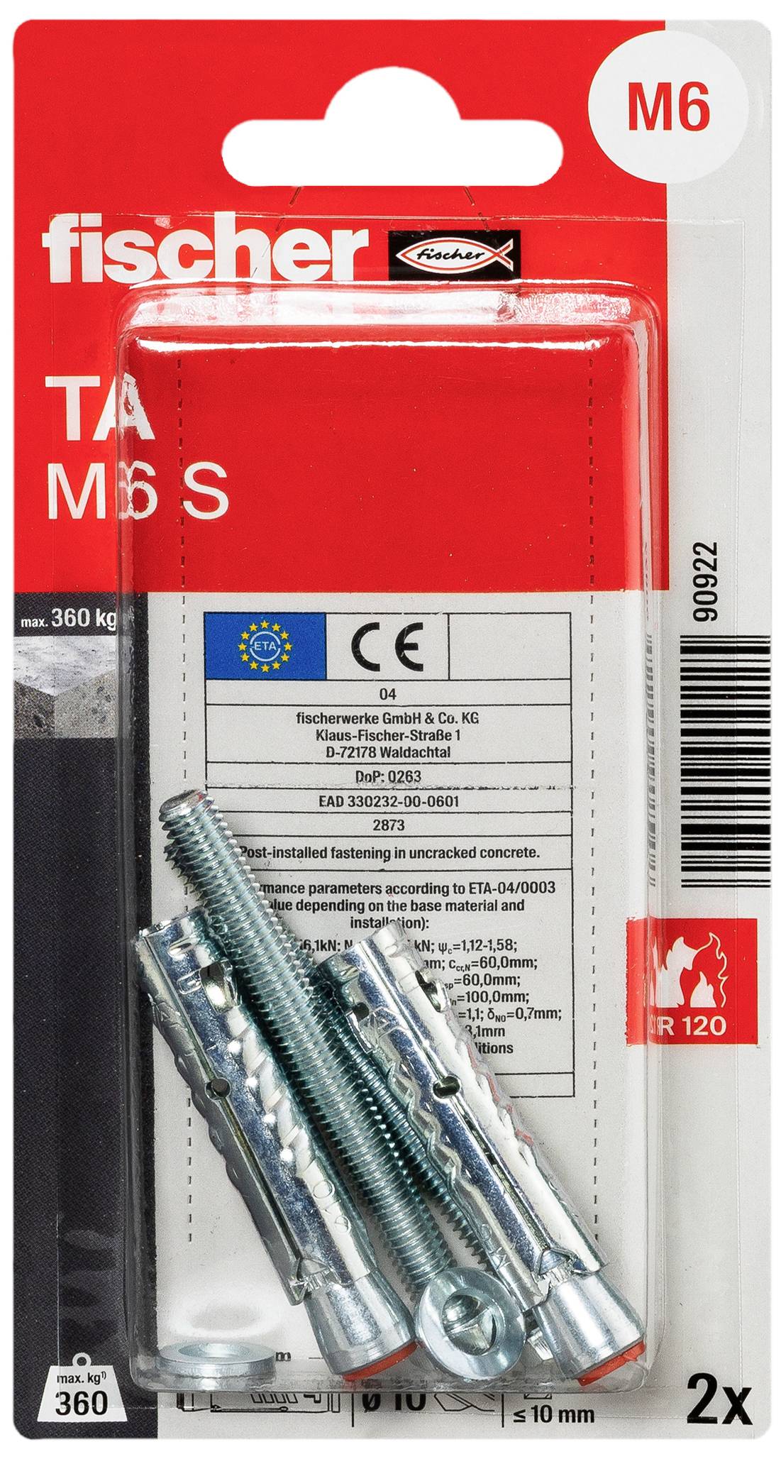 Fischer Dübelpaket mit zwei Schrauben und Dübeln. M6-Größe, Traglast 360 kg. Geeignet für Feuerwiderstandsklasse R120.