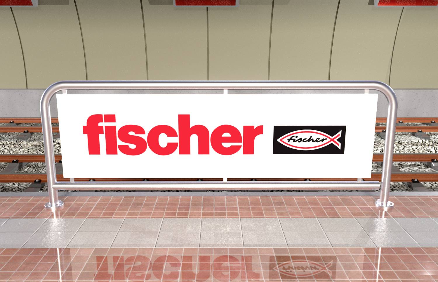 Ein Werbeschild in einer U-Bahn-Station mit dem rot geschriebenen Wort 'fischer' und einem Fisch-Symbol daneben.