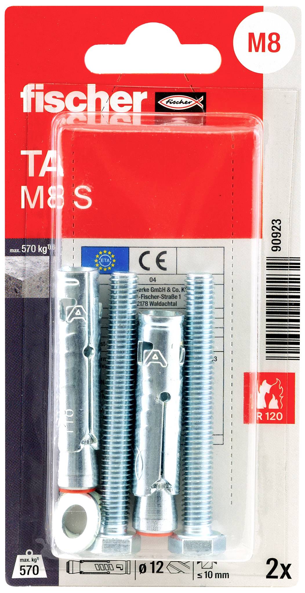 Verpackung mit zwei fischer M8 S Schwerlastdübel, geeignet für bis zu 570 kg Last.