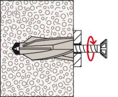 Darstellung eines Splitdübels, der in eine Wand gesetzt wird. Der Dübel dehnt sich aus, wenn die Schraube gedreht wird.