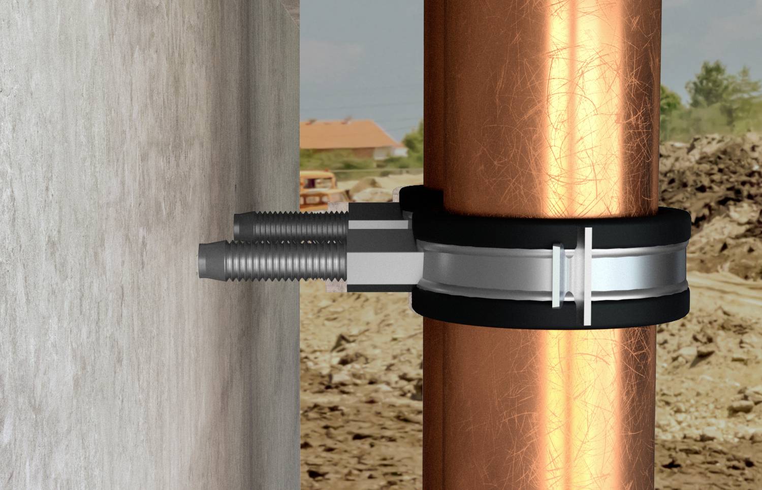 Kupferrohrdurchführung in einer Betonwand mit Dichtung und Befestigungselementen. Hintergrund zeigt eine Baustelle.