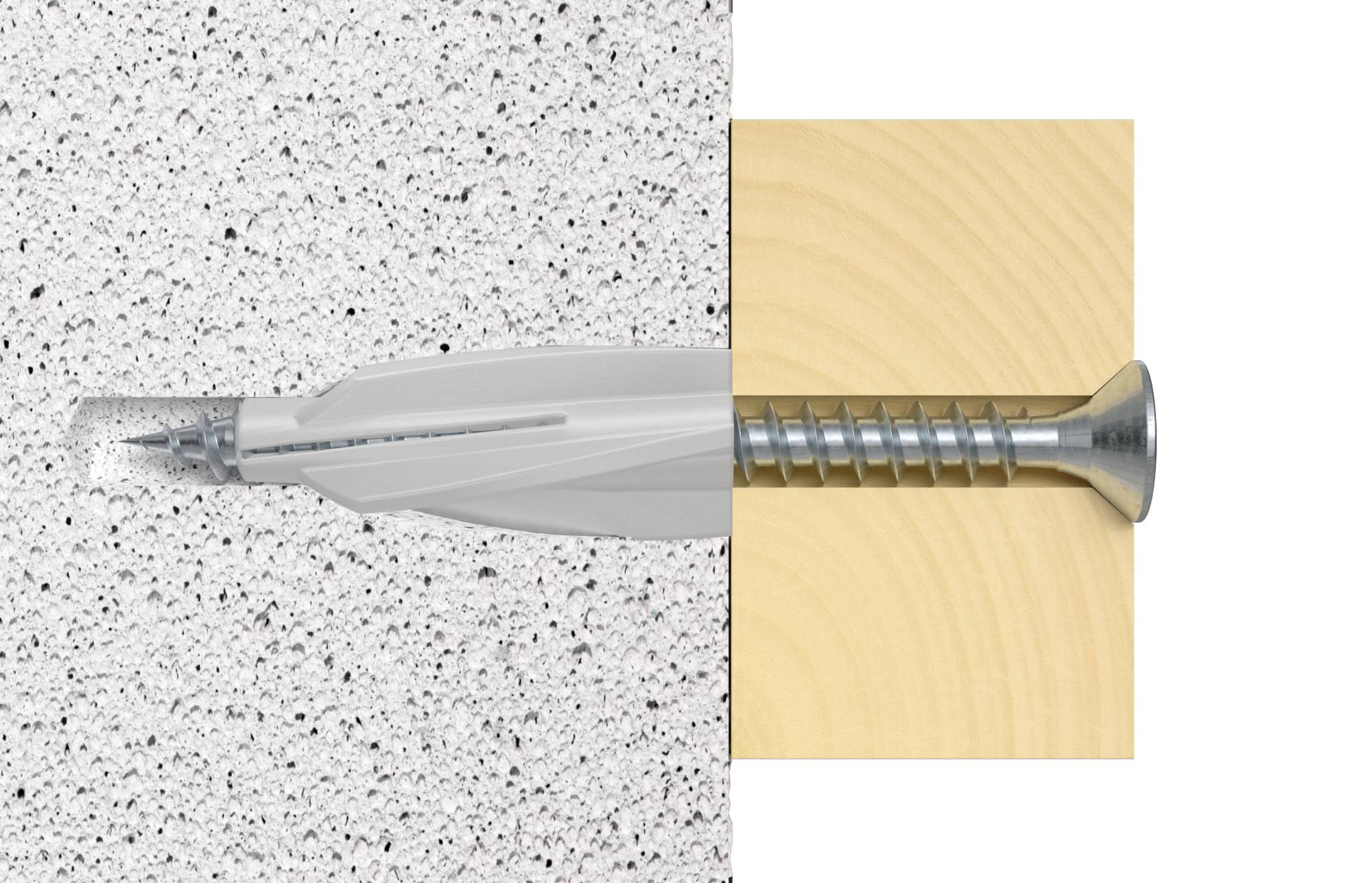 Zweiteiliges Bild: Links eine Schraube in Beton, rechts eine Schraube in Holz. Der Vergleich zeigt unterschiedliche Befestigungstechniken.