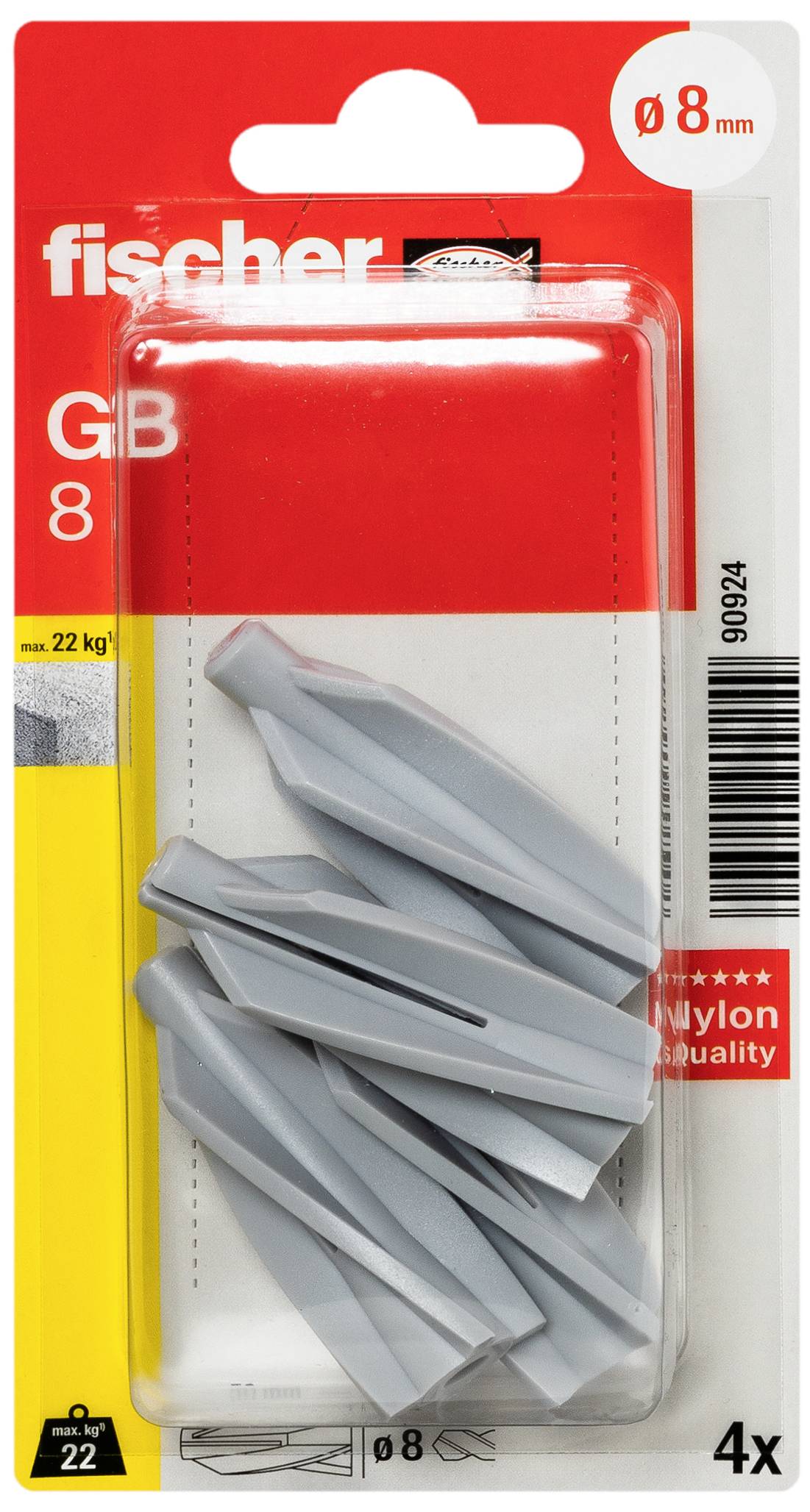 'Fischer GB 8' Nylon-Dübelpackung mit vier grauen Dübeln, geeignet für Bohrlöcher von 8 mm Durchmesser, rote und gelbe Verpackung.