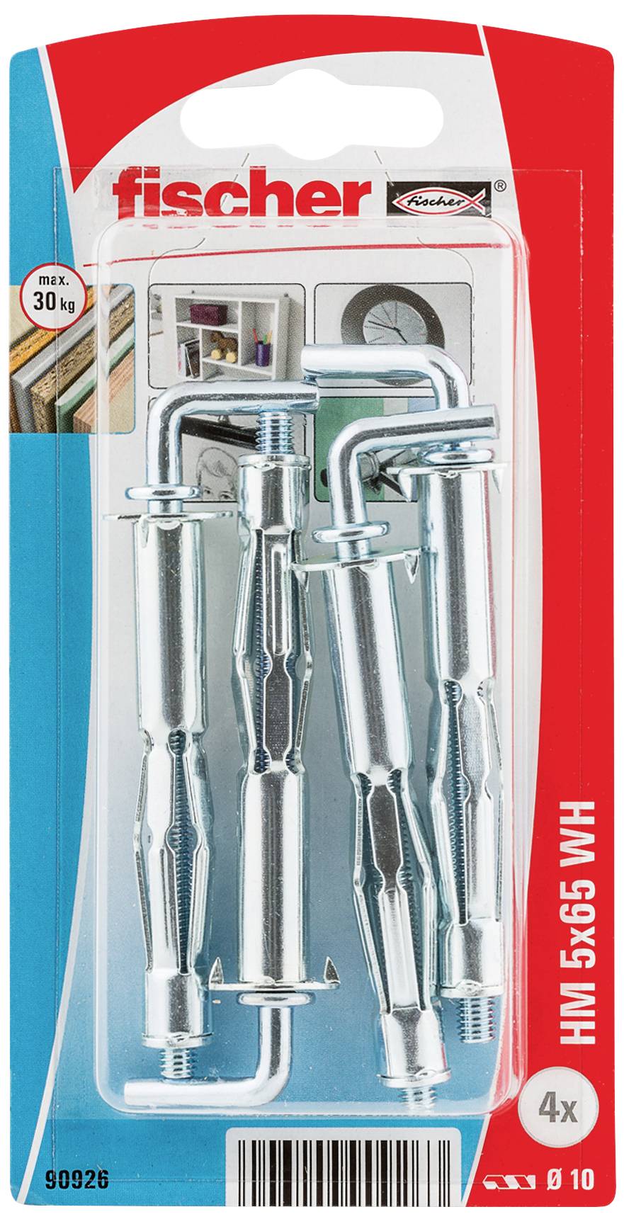 'Fischer HM 5x65 WH' Set aus vier Metall-Hohlraumdübeln, geeignet für Wandmontage, maximale Tragfähigkeit 30 kg. Verpackung zeigt Dübel.