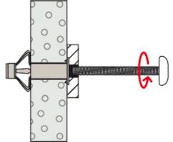 Diagramm einer Ankerkonstruktion: Bolzen durch eine Wand, mit einem Befestigungsanker und einem rotierenden Bolzenkopf rechts.