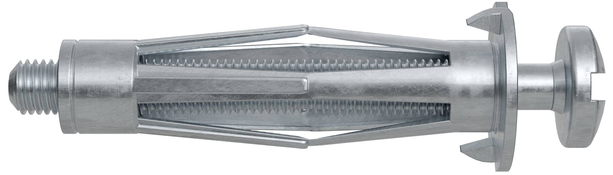 Ein Metallspreizdübel, der für die Befestigung in Wänden verwendet wird, mit einem Gewinde an einem Ende und Spreizschaufeln in der Mitte.