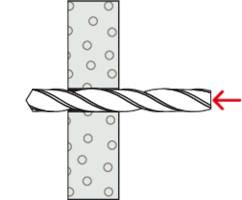 Ein Bohrer dringt von rechts in ein mit Löchern markiertes Rechteck ein; signalisiert, dass ein Loch in das Material gebohrt wird.