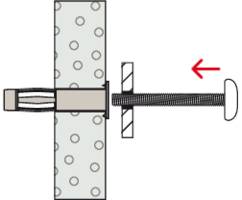 Illustration einer Schraube mit Bolzenanker, der in eine perforierte Wand eingeschraubt wird. Ein Pfeil zeigt die Richtung des Einschraubens an.