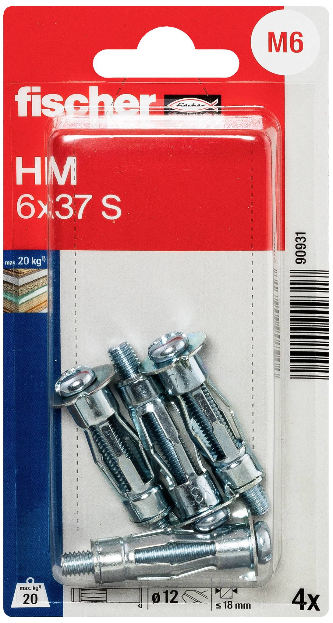 Verpackung von Fischer-HM-Dübeln, M6 Größe, 6x37 mm Maße, 4 Stück. Enthält Metall-Hülsenanker, geeignet für belastbare Befestigungen.