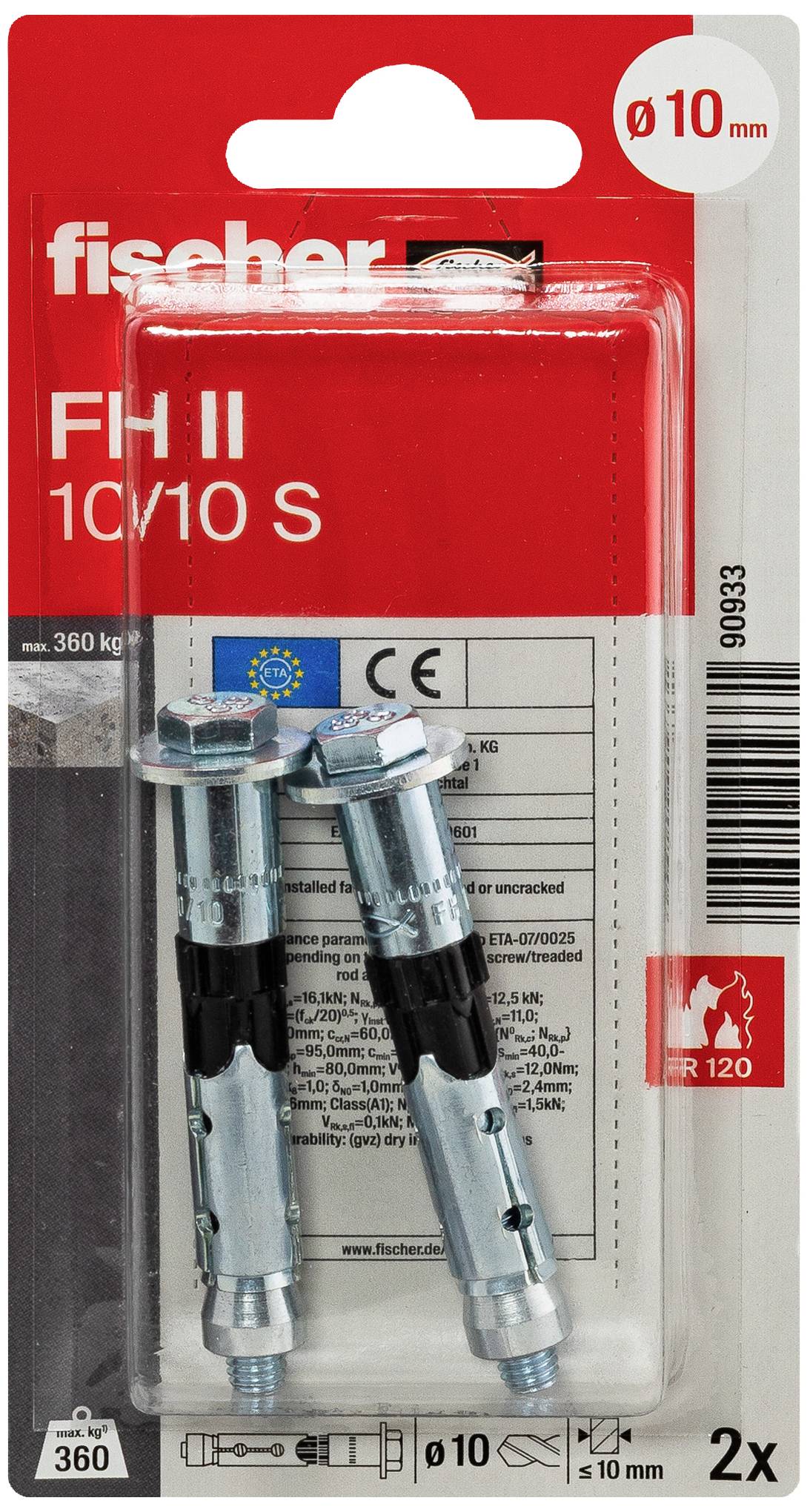 'Fischer FH II 10/10 S' Ankerbolzenverpackung für Beton, 10 mm Durchmesser; CE-zertifiziert, rot-weiße Verpackung zeigt zwei Bolzen.