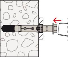 Querschnittsdiagramm einer Mauerverankerung im Beton; ein Schraubenschlüssel zieht eine Schraube an, um die Verankerung zu fixieren.
