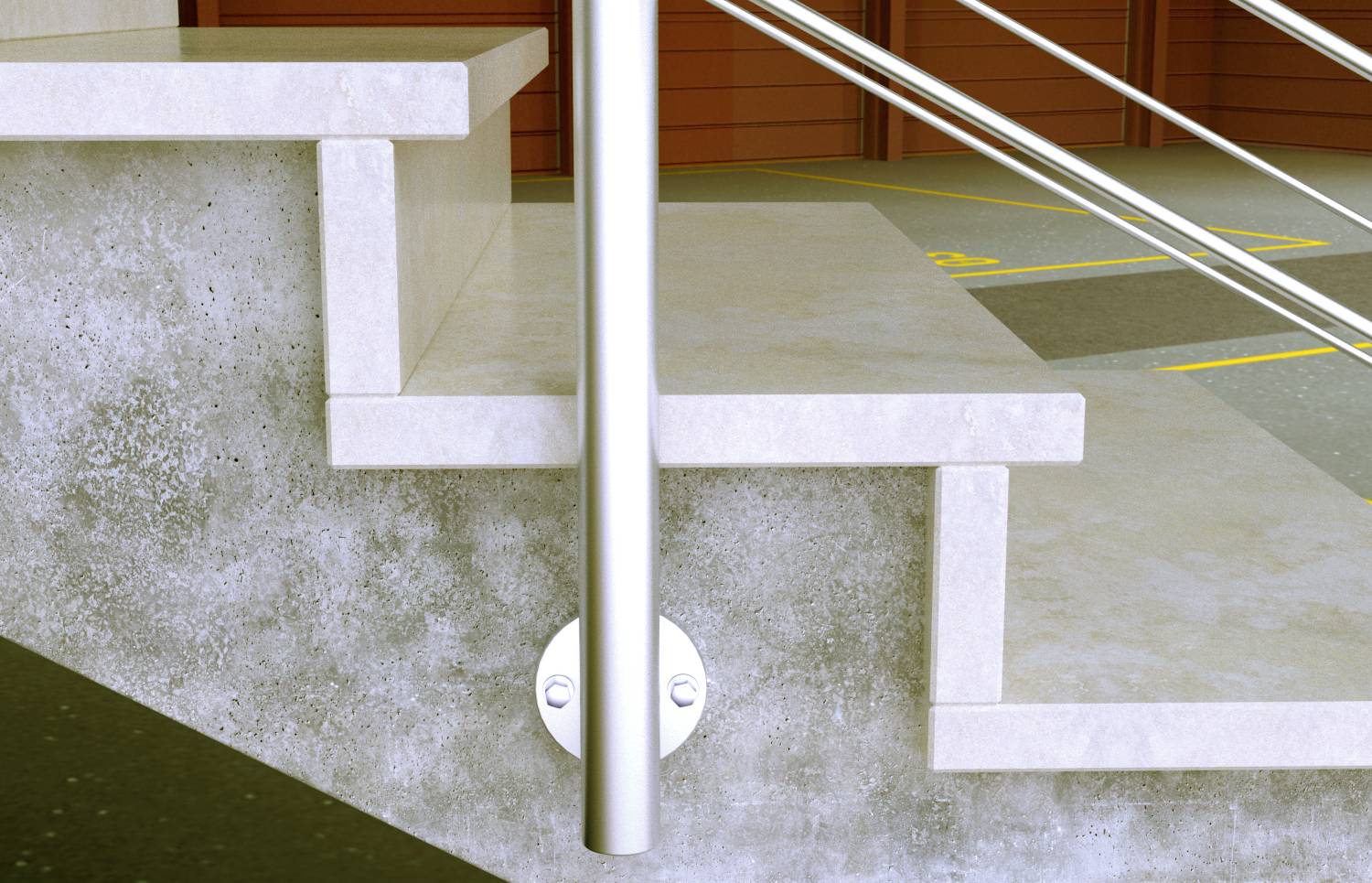 Nahaufnahme einer Betontreppe mit Edelstahlgeländer, Seitenansicht. Hintergrund zeigt einen Parkplatz mit markierten Stellplätzen.