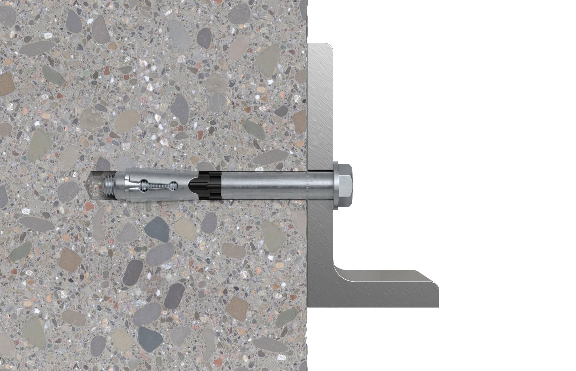 Schraubanker befestigt ein Metallteil an einer Betonwand. Das Metallteil ist rechtwinklig angebracht.