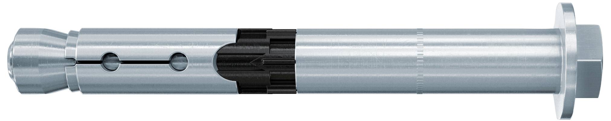 Hohlwanddübel aus Metall, zylindrische Form mit schwarzem Detailstück in der Mitte, zur Befestigung schwerer Gegenstände an Wänden geeignet.