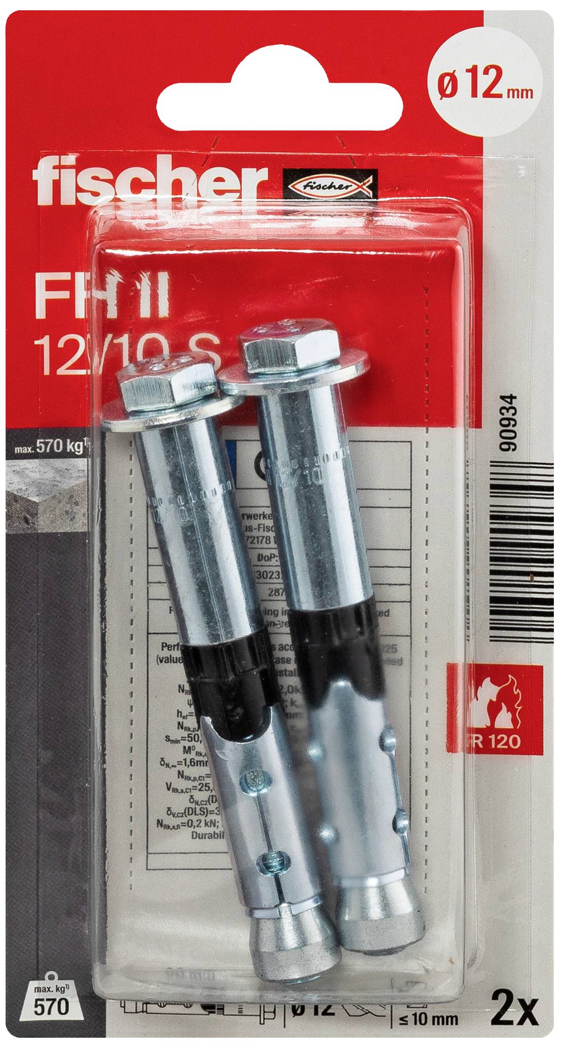 Zwei Fischer Schwerlast-Metallanker, Modell FH II 12/10 S, auf rotem Karton verpackt. Geeignet für hohe Lasten und feuergeprüft.