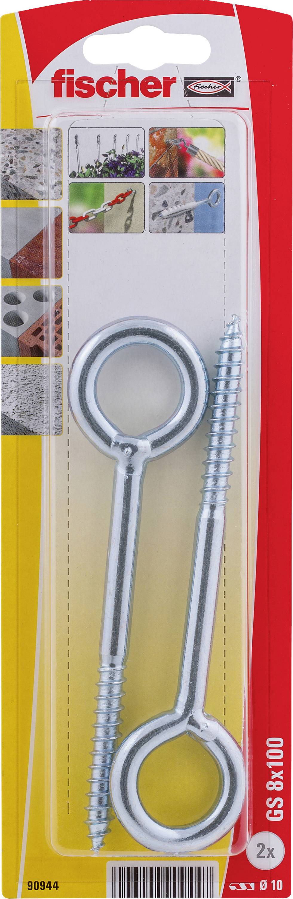 Fischer 'GS 8x100' Blisterpackung mit zwei Metallösenbolzen, mit 2x gekennzeichnet, auf einer gelb-roten Verpackung.