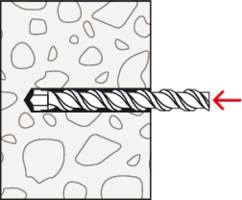 Bohrer dringt mit roter Pfeilmarkierung von rechts in perforiertes Material ein, zeigt Bewegungsrichtung und Durchdringungskraft an.