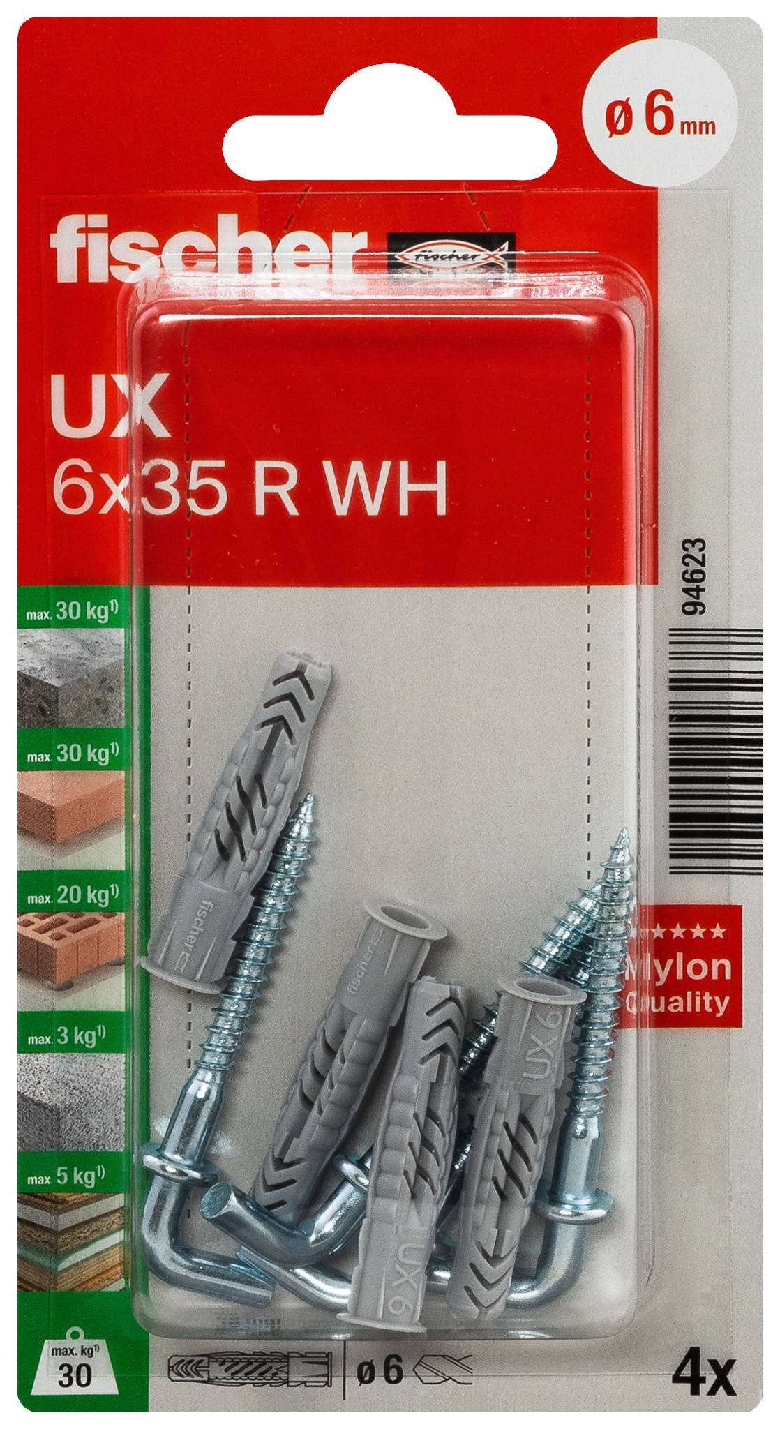 Ein weißer Dübel und eine silberne Schraube liegen nebeneinander. Der Dübel hat ein geschlitztes Design, die Schraube hat ein L-Profil.