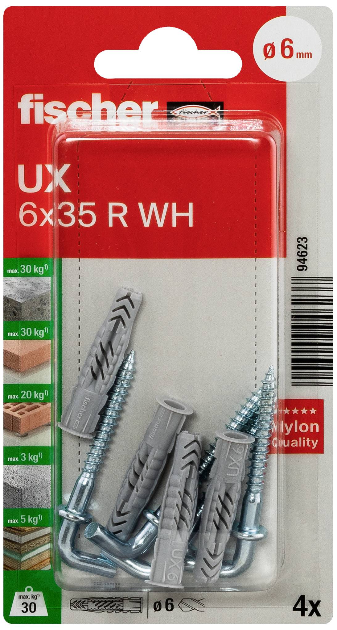Verpackung mit Fischer UX 6x35 R WH Dübeln und Schrauben, geeignet für verschiedene Materialien. Tragfähigkeit bis zu 30 kg.