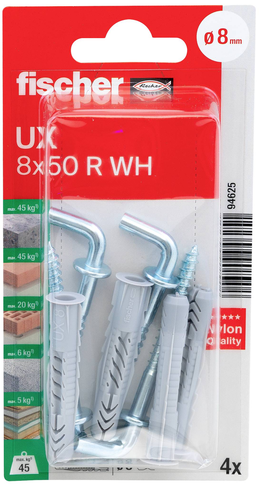 Packung mit vier Fischer UX 8x50 R WH Universaldübeln inkl. Schrauben, geeignet für diverse Materialien, Belastbarkeit bis 45 kg.