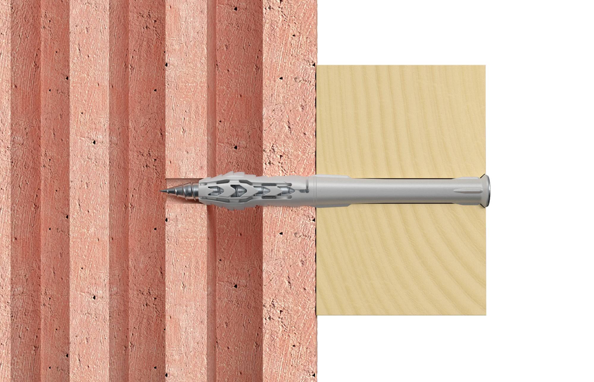 Ein Nagel wird in eine Ziegelwand eingeschlagen. Auf der rechten Seite befindet sich ein Stück Holz, das an der Wand befestigt ist.