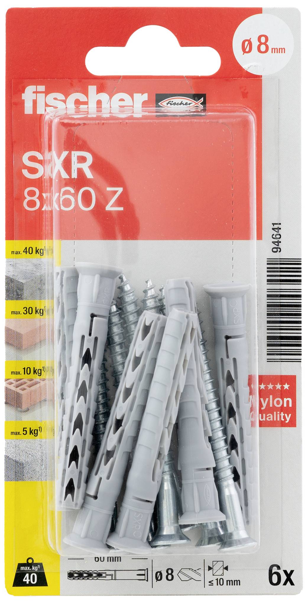 Verpackung mit grauen Dübeln und Schrauben der Marke Fischer, Größe 8x60mm, für Belastungen bis 40kg an Wänden und 5kg an Decken.