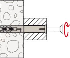 Schema einer mechanischen Schraubverbindung in einer Wand; zeigt, wie die Befestigung durch Drehen der Schraube gesichert wird.