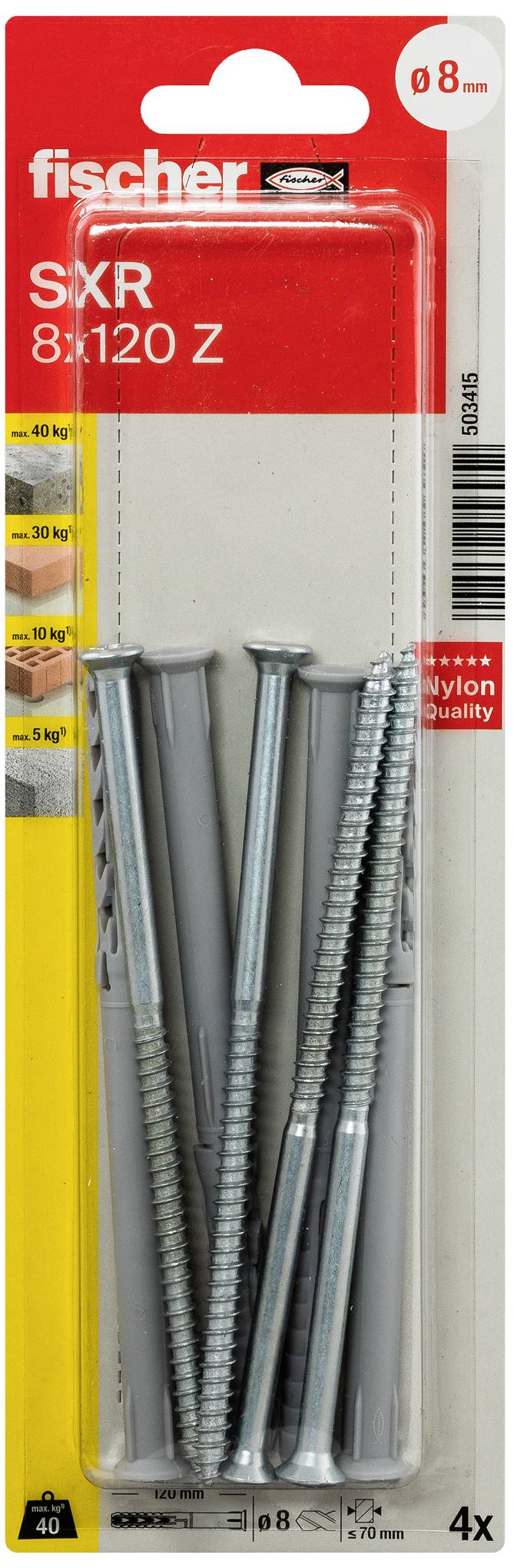 'Fischer SXR 8x120 Z' Dübelpackung mit vier Dübeln und Schrauben, geeignet für Belastungen bis 40 kg. Ideal für vielseitige Montage.