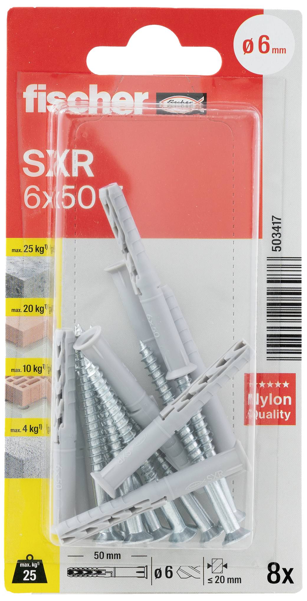 Packung mit Fischer SXR 6x50 Universaldübeln und Schrauben, geeignet für diverse Materialien, max. Traglast 25 kg. Inhalt: 8 Stück.