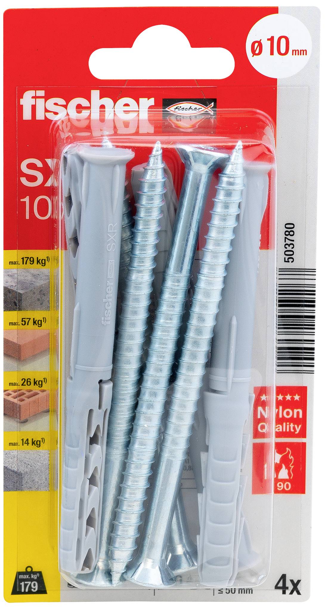 Packung mit Fischer-Schrauben und Dübeln, Größe 'Ø 10 mm', geeignet für unterschiedliche Materialien mit Gewichtsangaben von 14-179 kg.