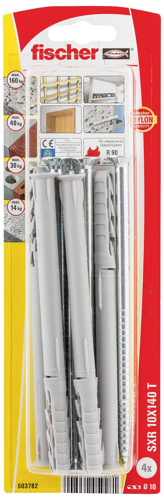 'Dübel-Set SYR 10x40 T' von Fischer, enthält graue Dübel und Schrauben. Verpackung liefert Informationen zu Tragfähigkeit und Anwendung.