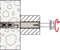 Befestigung einer Schraube in einer Dübelwandverankerung. Schraube wird im Uhrzeigersinn gedreht, um die Verankerung im Material zu sichern.