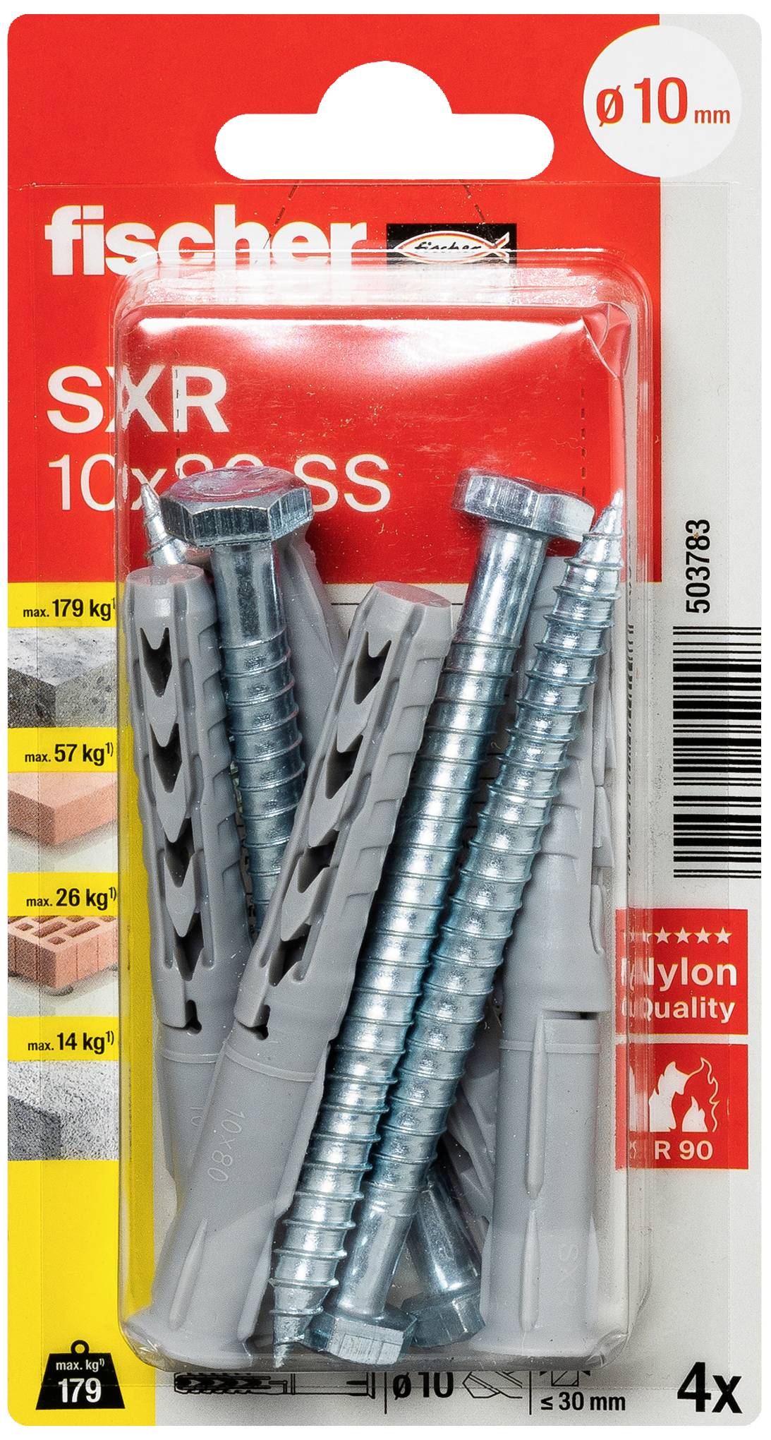 Vier Dübel mit Schrauben im Blisterpackung. Geeignet für Mauerwerk, Beton und Ziegel; getestet bis 179 kg. Markenname 'fischer'.