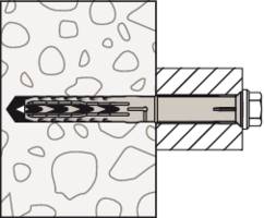 Grafik eines Dübels in der Wand. Der Dübel wird durch eine Schraube fixiert und spreizt sich, um sicheren Halt zu gewährleisten.