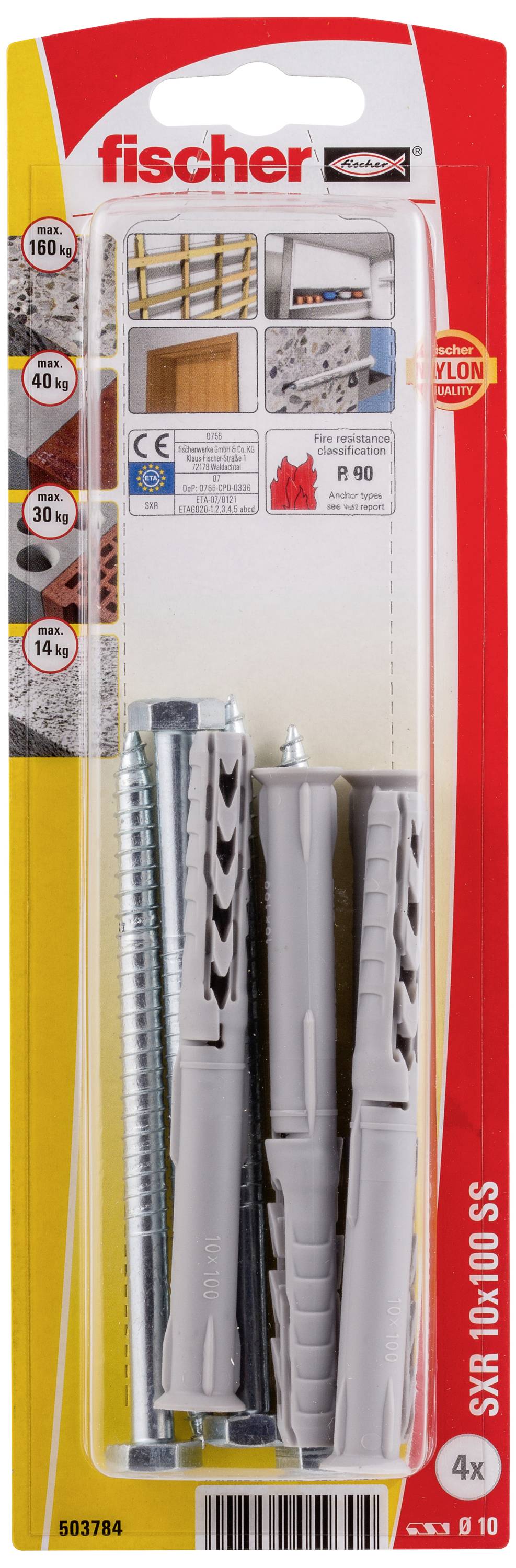 Vier graue Dübel und passende Schraubenpackung von Fischer, geeignet für verschiedene Baustoffe, mit Artikelnummer 'SXR 10x100 SS'.