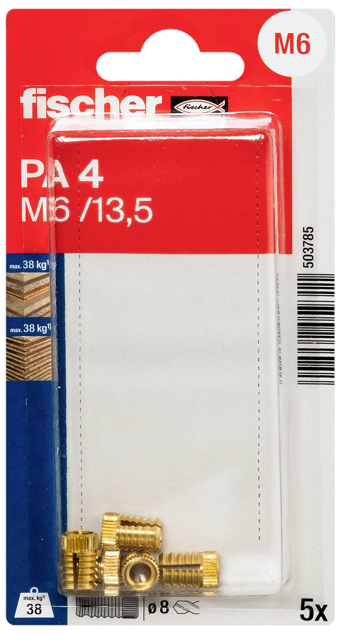 Verpackung mit Messingeinsätzen von 'fischer', Modell 'PA 4'. Größe M6/13,5. Belastung bis 38 kg angegeben.