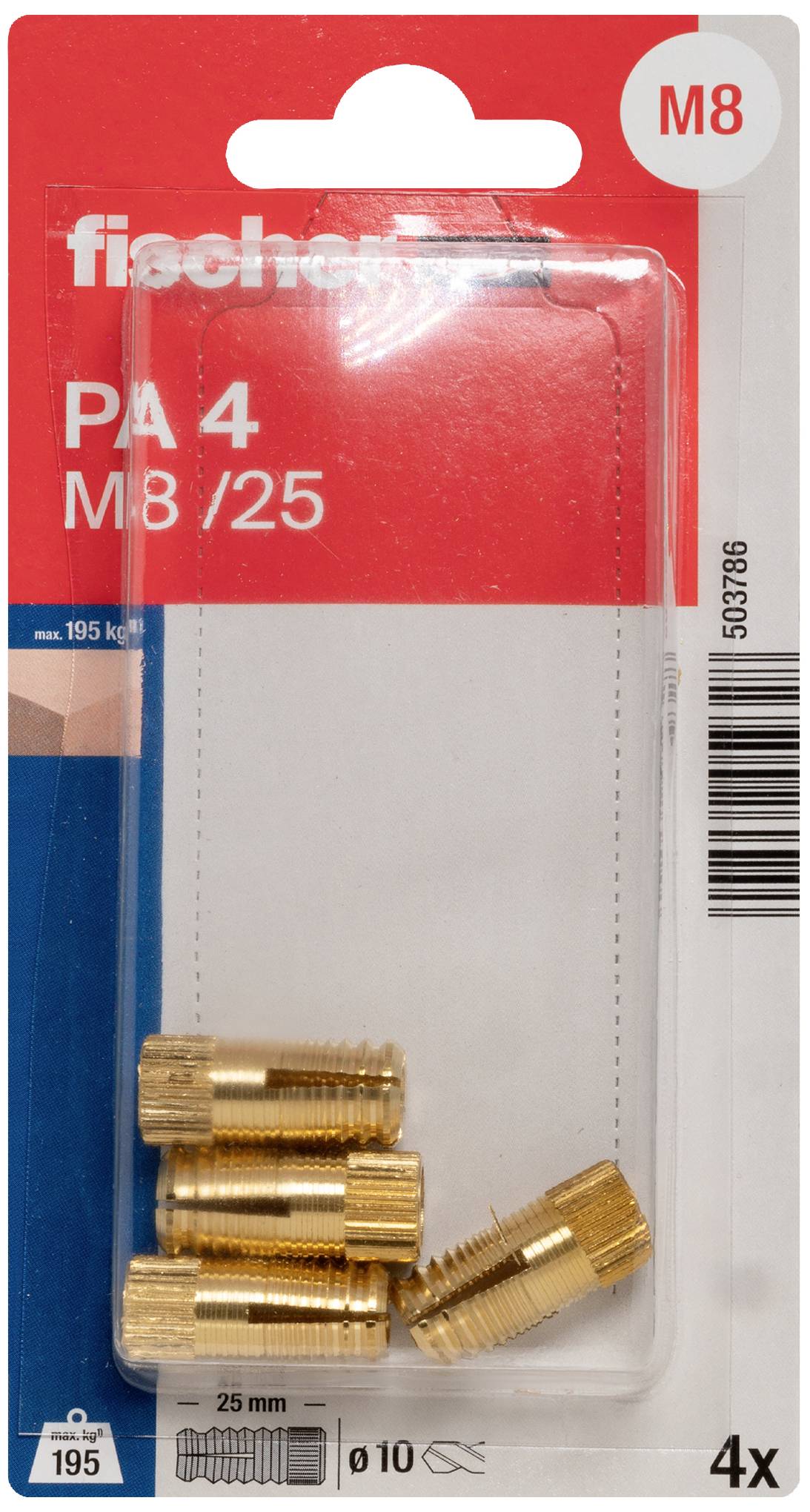 Verpackung mit vier Messingdübeln 'PA 4 M8/25'. Oben rechts ist ein rotes M8-Label. Enthält Produktdetails und Barcode.