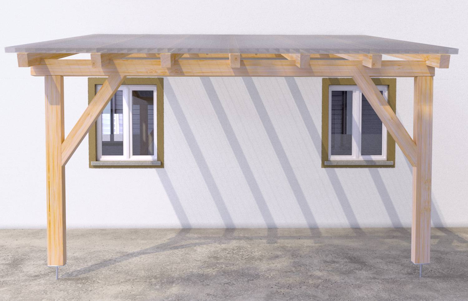 Ein Holzcarport mit flachem Dach steht vor einer weißen Wand mit zwei Fenstern. Das Licht erzeugt Schatten auf dem Boden.