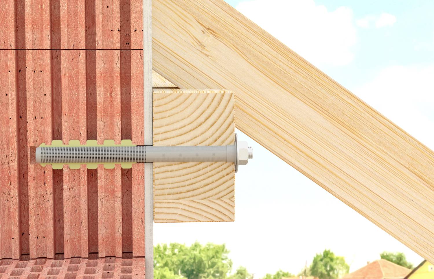 Ein Bolzenanker befestigt einen Holzbalken an einer Ziegelwand. Der Anker durchdringt einen Holzwürfel und endet in der Wand.
