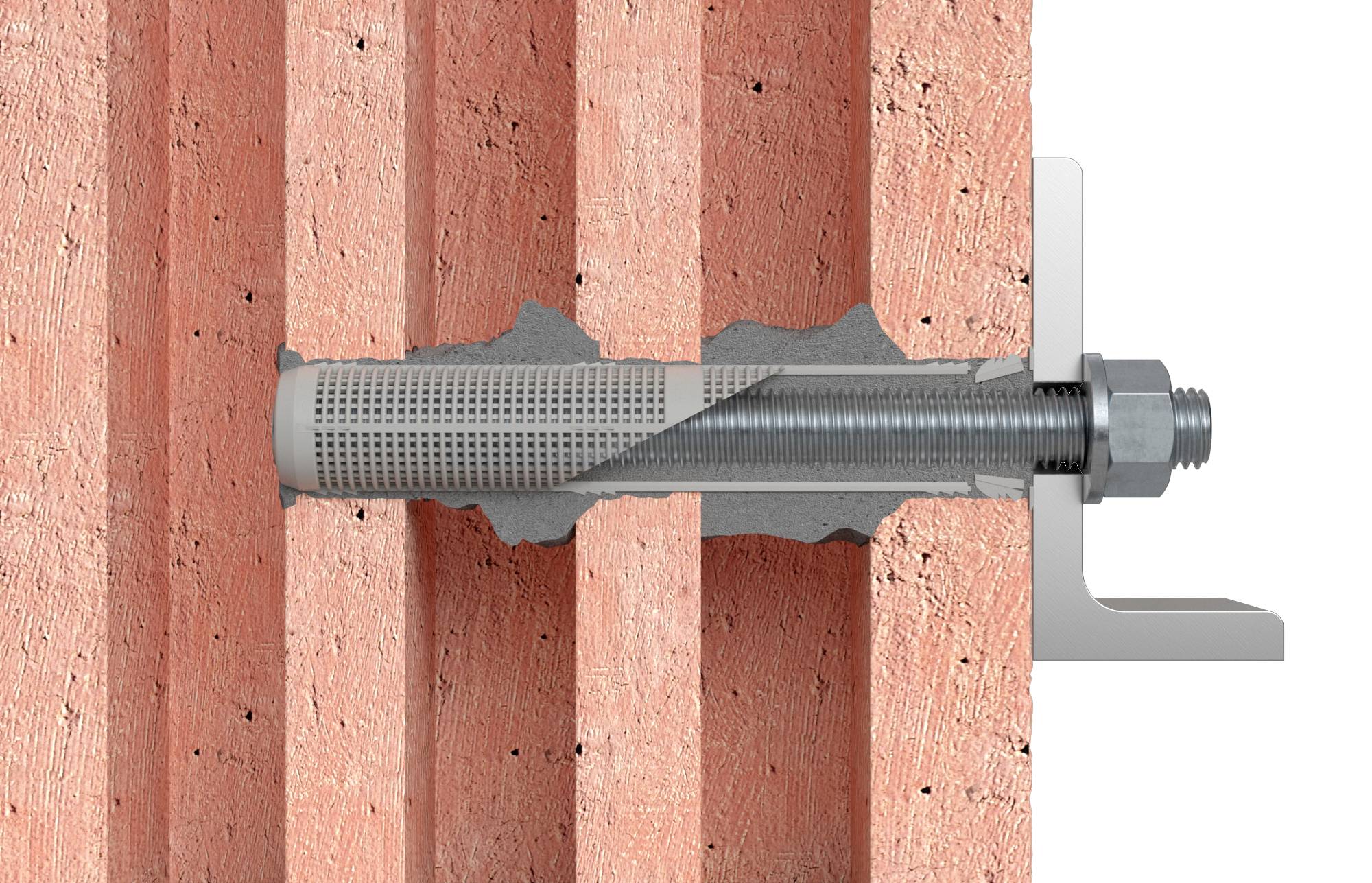 Metallanker in rotem Mauerwerk verankert. Zeigt Funktionsweise des Ankersystems mit Schrauben und Muttern zur Befestigung.