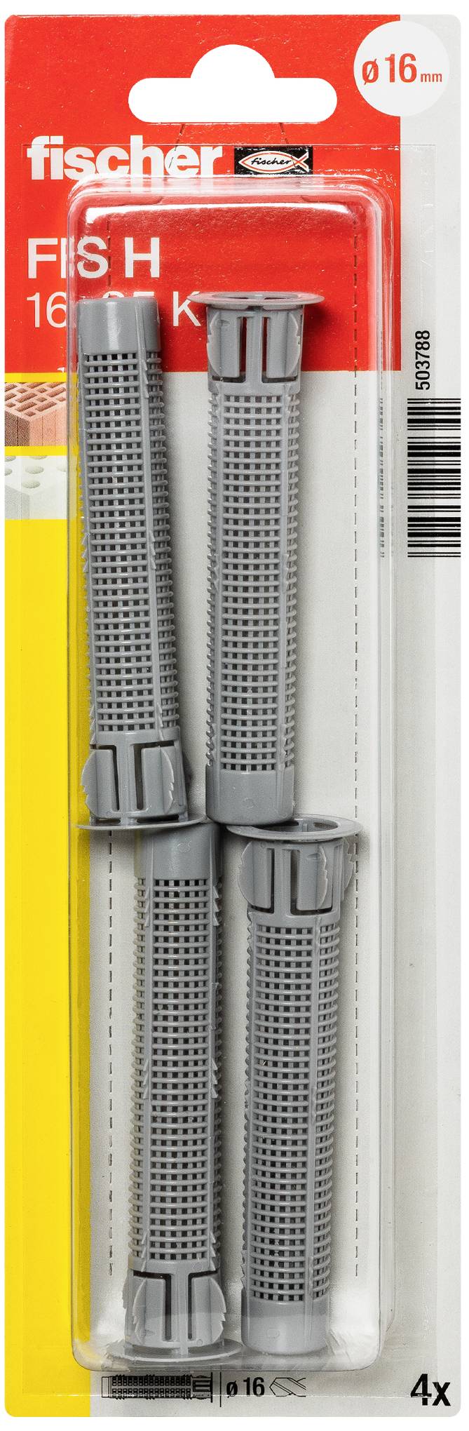 Vier graue Langschaftdübel der Marke Fischer in der Originalverpackung, geeignet für 16-mm-Bohrlöcher.