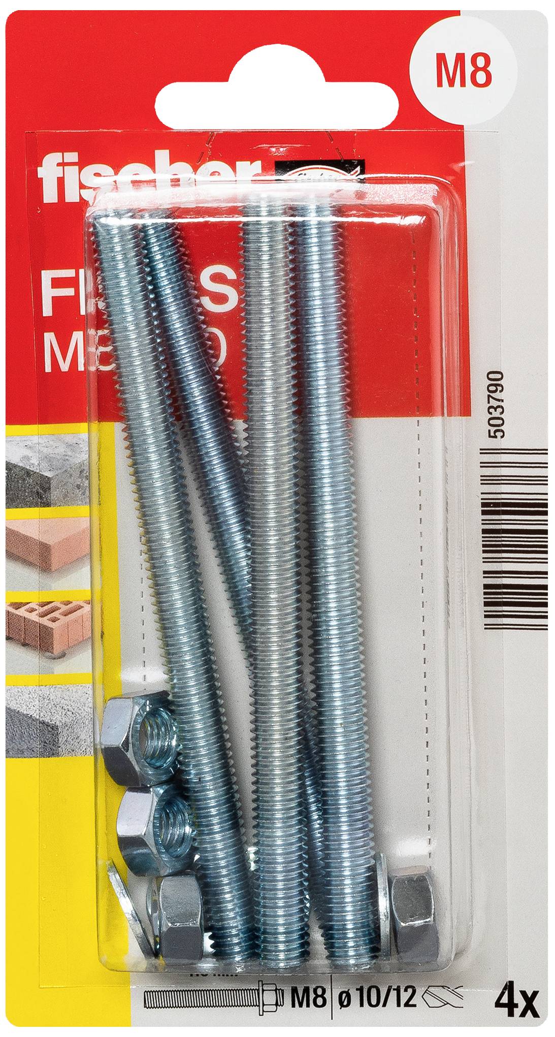 Verpackung mit vier langen Schrauben und Muttern, geeignet für M8-Befestigungen. Geeignet für Beton und Ziegelmauerwerk.
