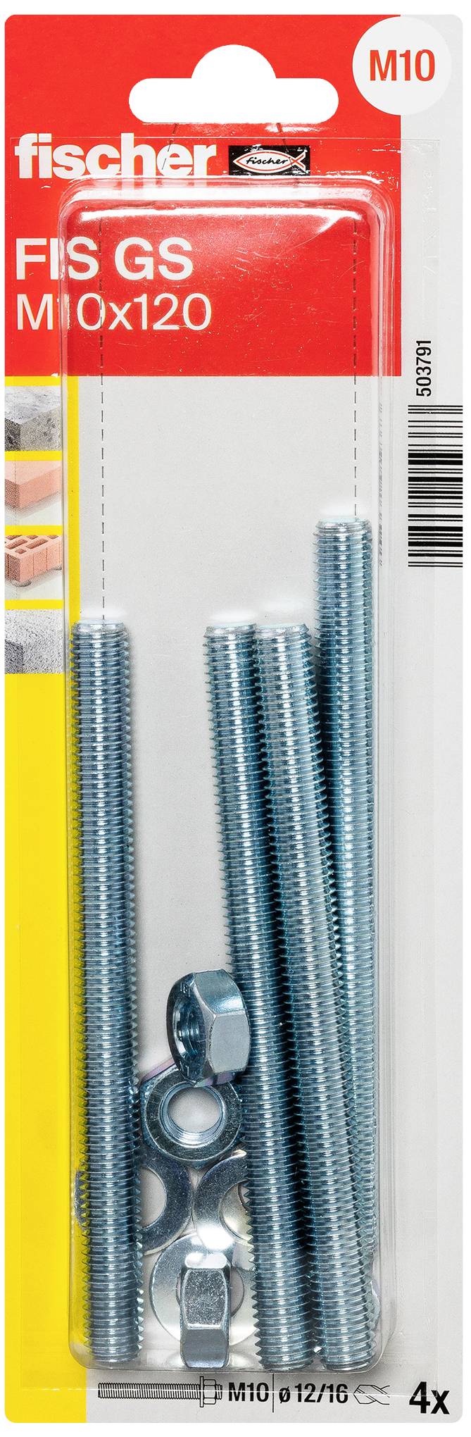 Verpackung mit vier länglichen Schrauben und zwei Muttern. Produktname 'fischer FIS GS M10x120'. Geeignet für stabile Verbindungen.