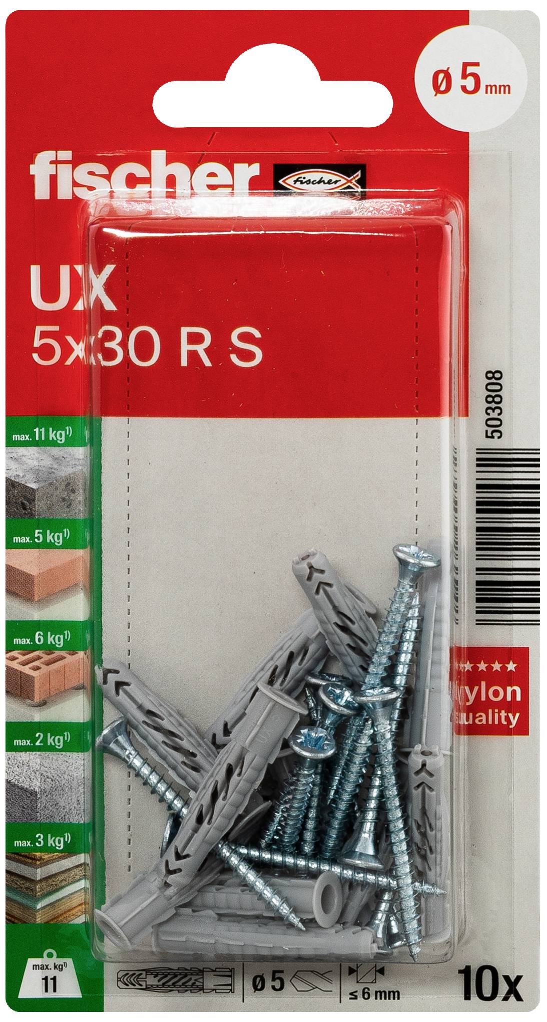 Packung mit Fischer UX 5x30 RS Dübeln und Schrauben, geeignet für verschiedene Materialien wie Beton und Ziegel. Enthält 10 Stück.