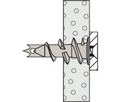 Illustration eines Dübels in der Wand, zeigt eine korrekt installierte Schraubbefestigung in Trockenbau mit Detailansicht des Mechanismus.