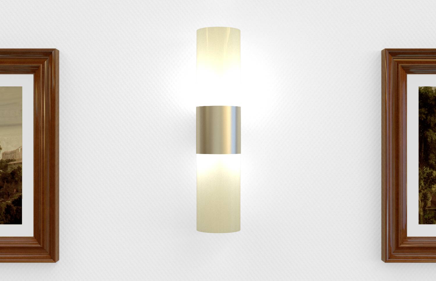 Eine moderne Wandlampe leuchtet zwischen zwei gerahmten Bildern mit Holzkanten, die an einer weißen Wand hängen.