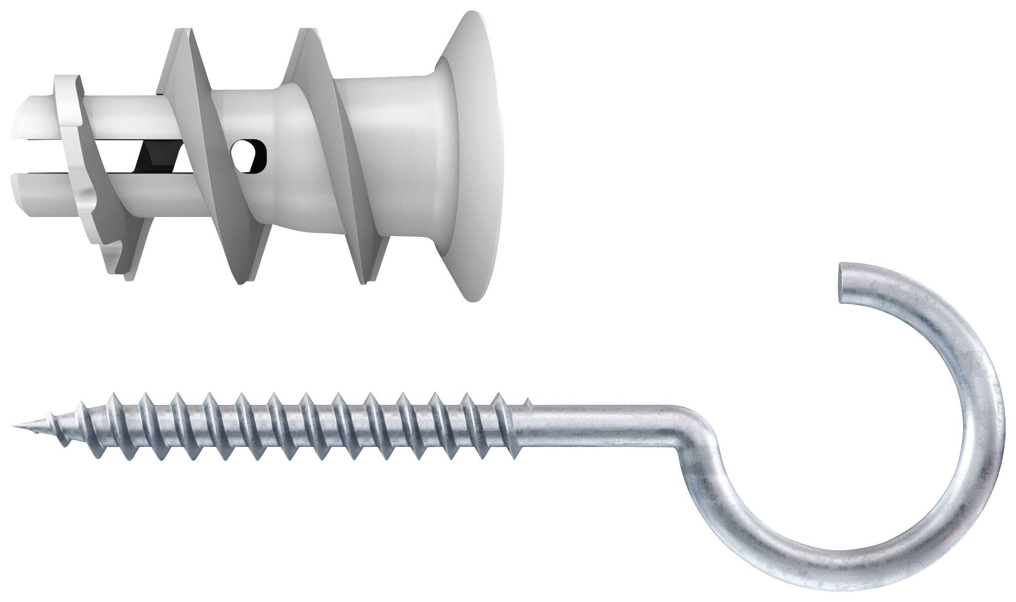 Kunststoffdübel und Schraubhaken: Der Dübel ist weiß und zylinderförmig, der Haken metallisch, silbern und gebogen.