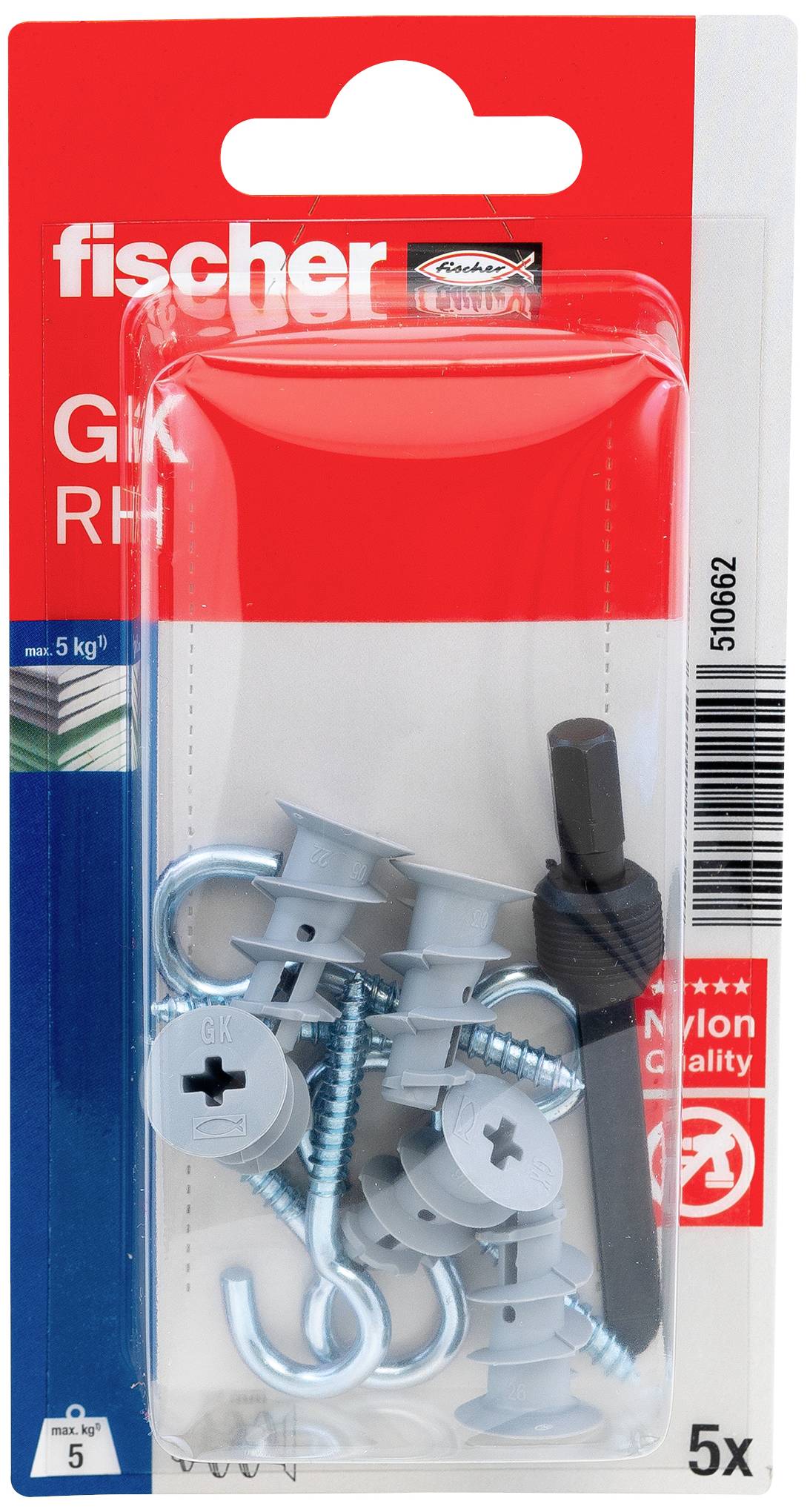 Plastikverpackung von Fischer enthält fünf Dübel und Haken mit schwarzem Schraubwerkzeug, geeignet für Gipskartonwände bis 5 kg.